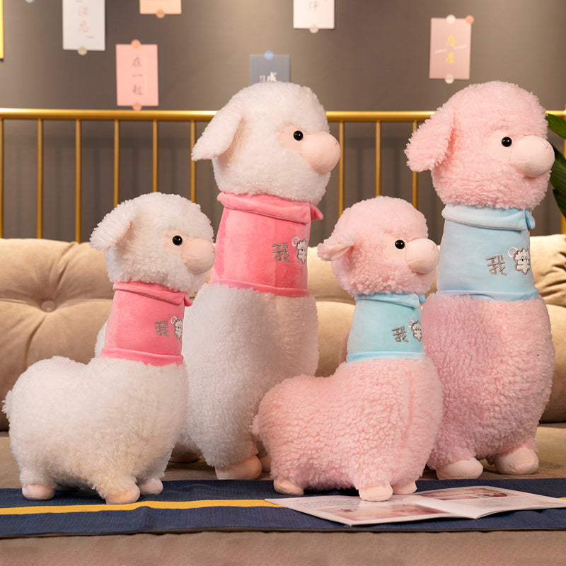 Adorable White and Pink Fluffy Alpaca Plush Toy