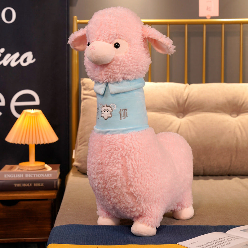 Adorable White and Pink Fluffy Alpaca Plush Toy