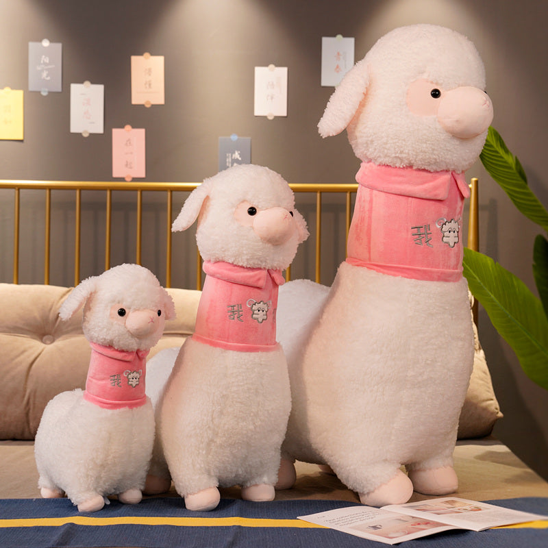 Adorable White and Pink Fluffy Alpaca Plush Toy