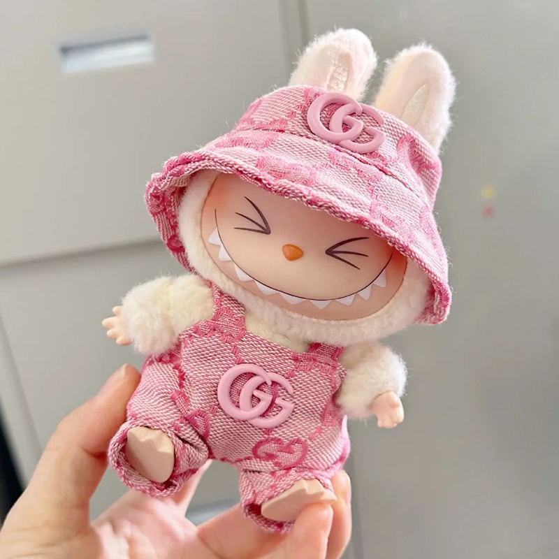 POP MART The Monsters Labubu Fashion Dress - Gucci Style Pink overalls + Pink hat