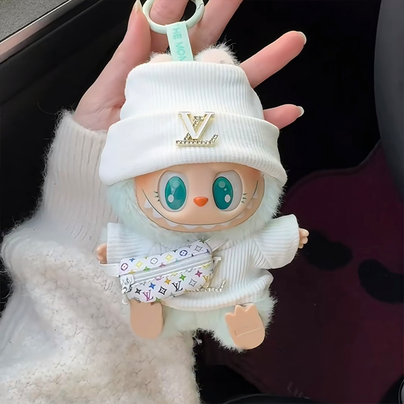 POP MART The Monsters Labubu Fashion Dress - L Style White Top with Metallic Logo + White Hat + L Style Bag
