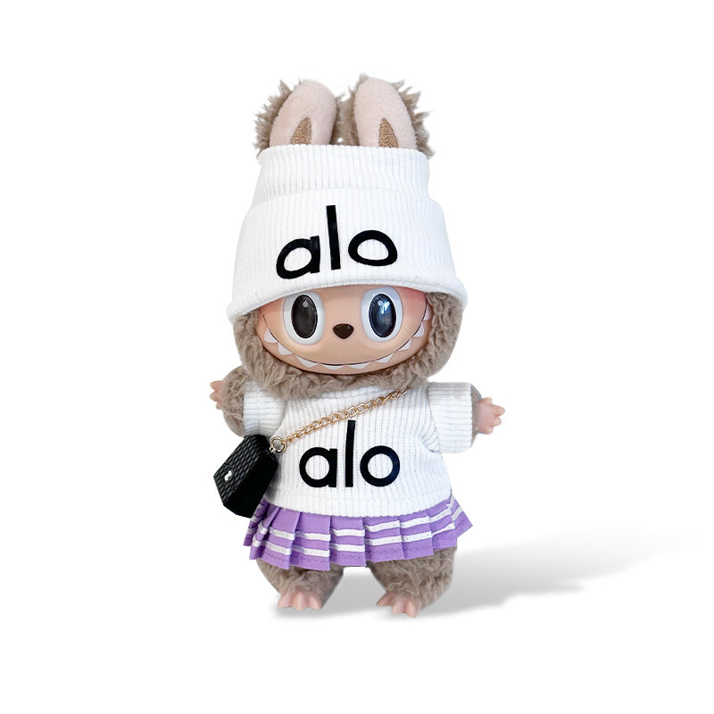 POP MART The Monsters Labubu Fashion Dress - Alo Style White Top + White hat + Purple Skirt + Black Bag (Pre-order 1-2 weeks arrive)