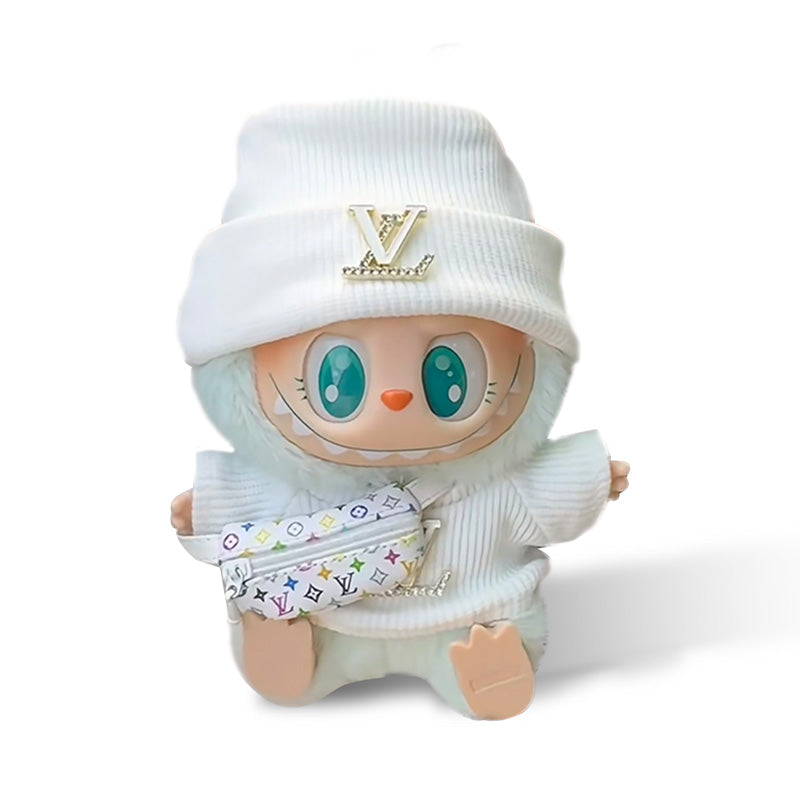 POP MART The Monsters Labubu Fashion Dress - L Style White Top with Metallic Logo + White Hat + L Style Bag