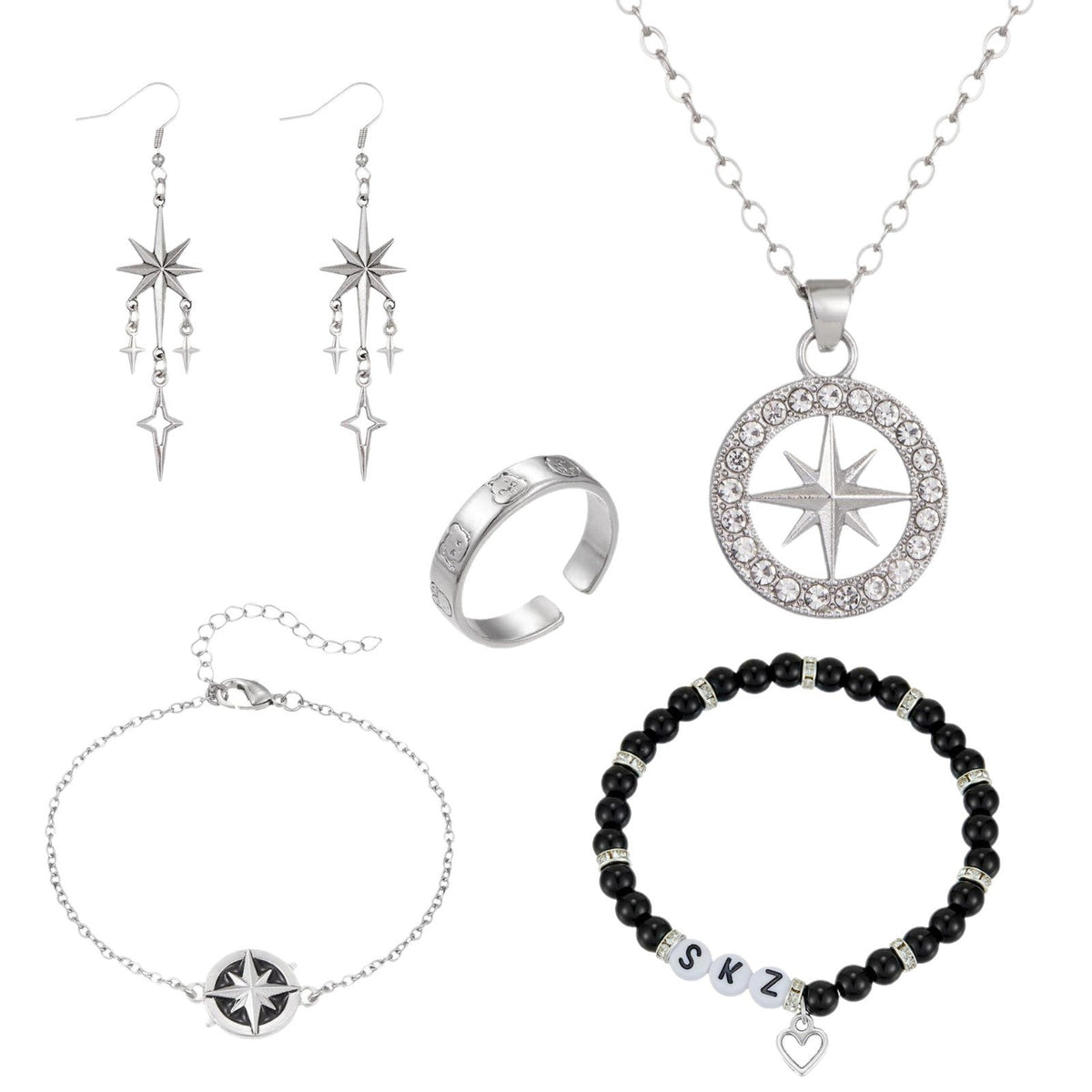 SKZ Compass Necklace Bracelet Ring Earrings Set