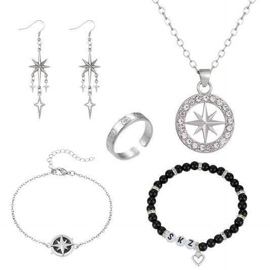 SKZ Compass Necklace Bracelet Ring Earrings Set