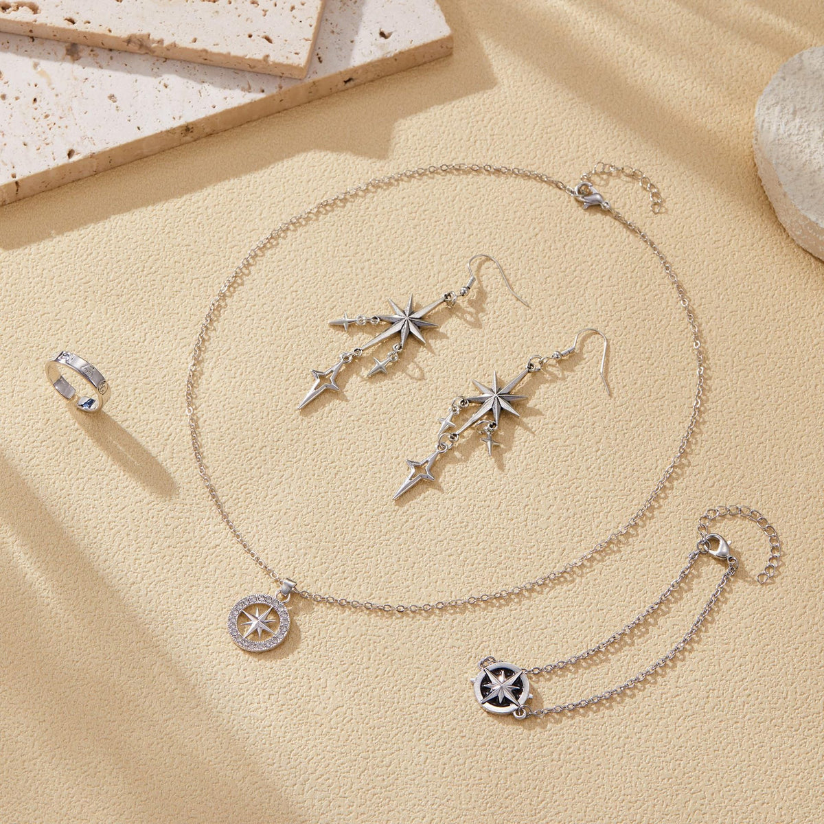 SKZ Compass Necklace Bracelet Ring Earrings Set