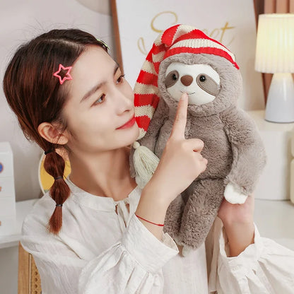 Adorable Kawaii Christmas Sloth Plushie with Festive Striped Hat