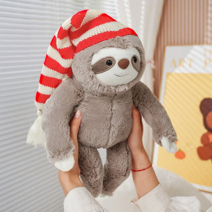 Adorable Kawaii Christmas Sloth Plushie with Festive Striped Hat
