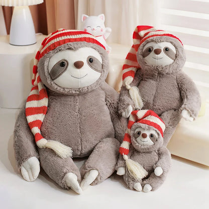 Adorable Kawaii Christmas Sloth Plushie with Festive Striped Hat