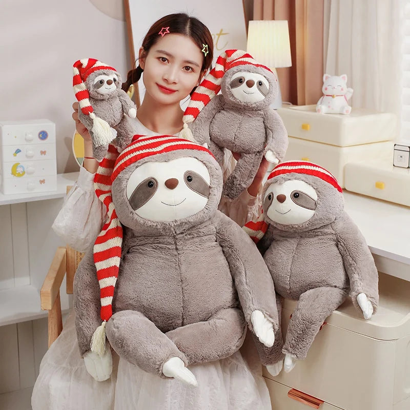 Adorable Kawaii Christmas Sloth Plushie with Festive Striped Hat