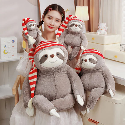 Adorable Kawaii Christmas Sloth Plushie with Festive Striped Hat