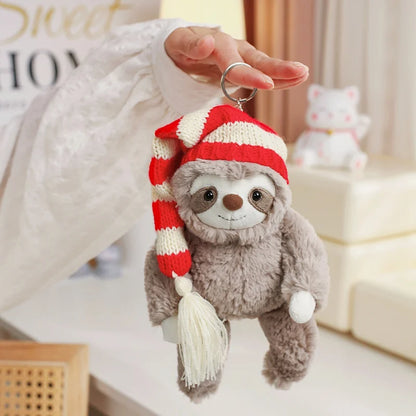 Adorable Kawaii Christmas Sloth Plushie with Festive Striped Hat