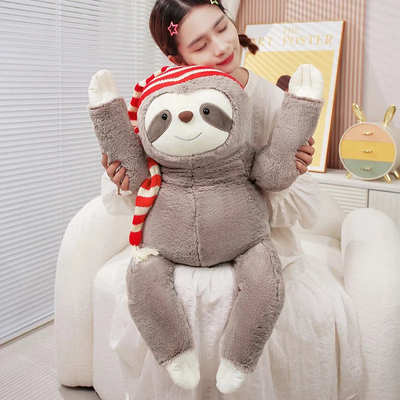 Adorable Kawaii Christmas Sloth Plushie with Festive Striped Hat