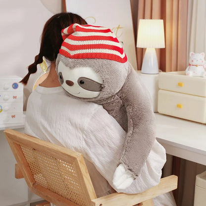 Adorable Kawaii Christmas Sloth Plushie with Festive Striped Hat
