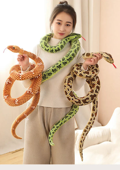 Lifelike Long Plush Snakes in Brown, Green, and Orange