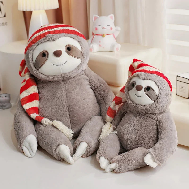Adorable Kawaii Christmas Sloth Plushie with Festive Striped Hat