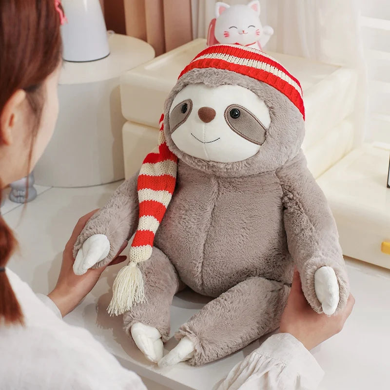 Adorable Kawaii Christmas Sloth Plushie with Festive Striped Hat