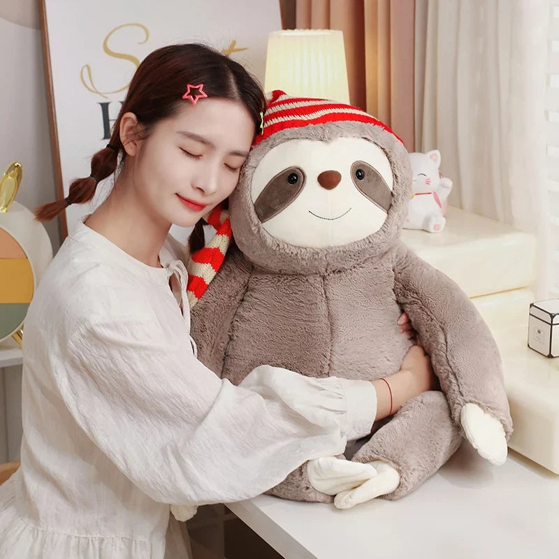 Adorable Kawaii Christmas Sloth Plushie with Festive Striped Hat