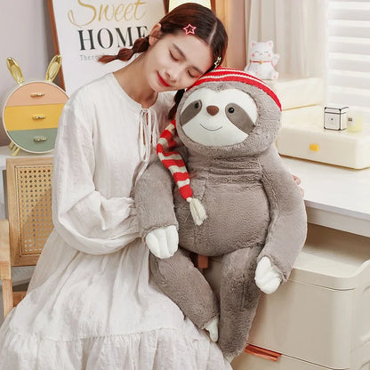 Adorable Kawaii Christmas Sloth Plushie with Festive Striped Hat
