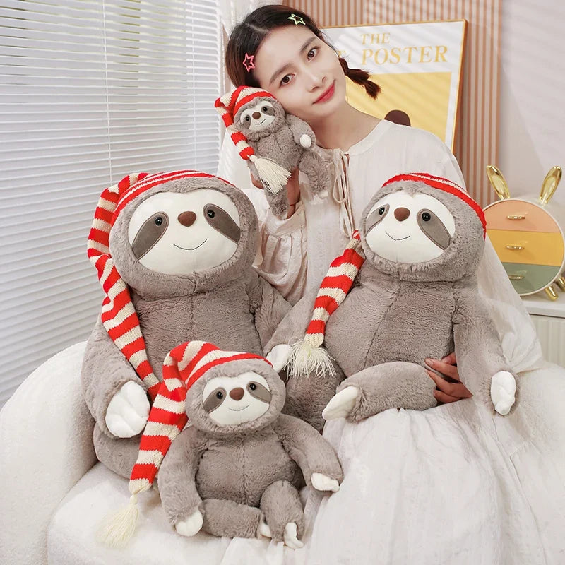 Adorable Kawaii Christmas Sloth Plushie with Festive Striped Hat
