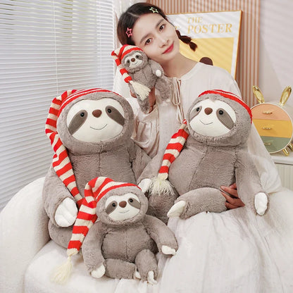 Adorable Kawaii Christmas Sloth Plushie with Festive Striped Hat