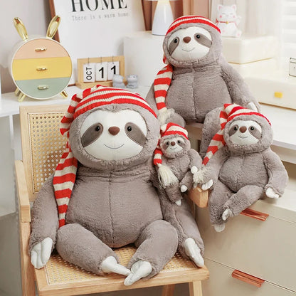 Adorable Kawaii Christmas Sloth Plushie with Festive Striped Hat