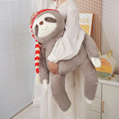 Adorable Kawaii Christmas Sloth Plushie with Festive Striped Hat