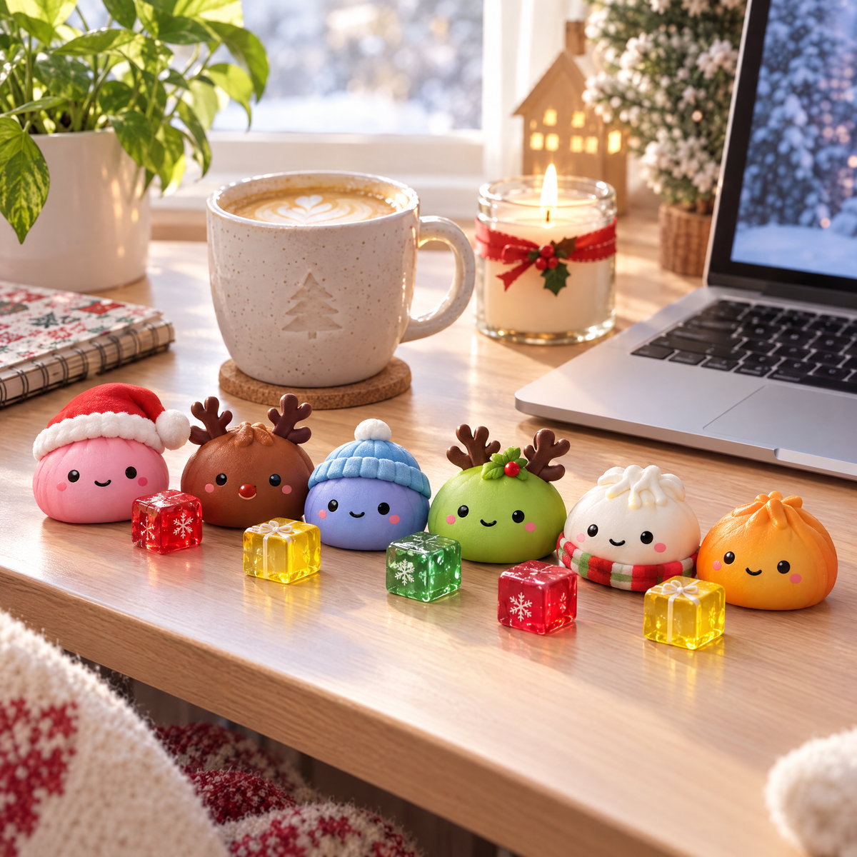 Squishies lined up on a desk