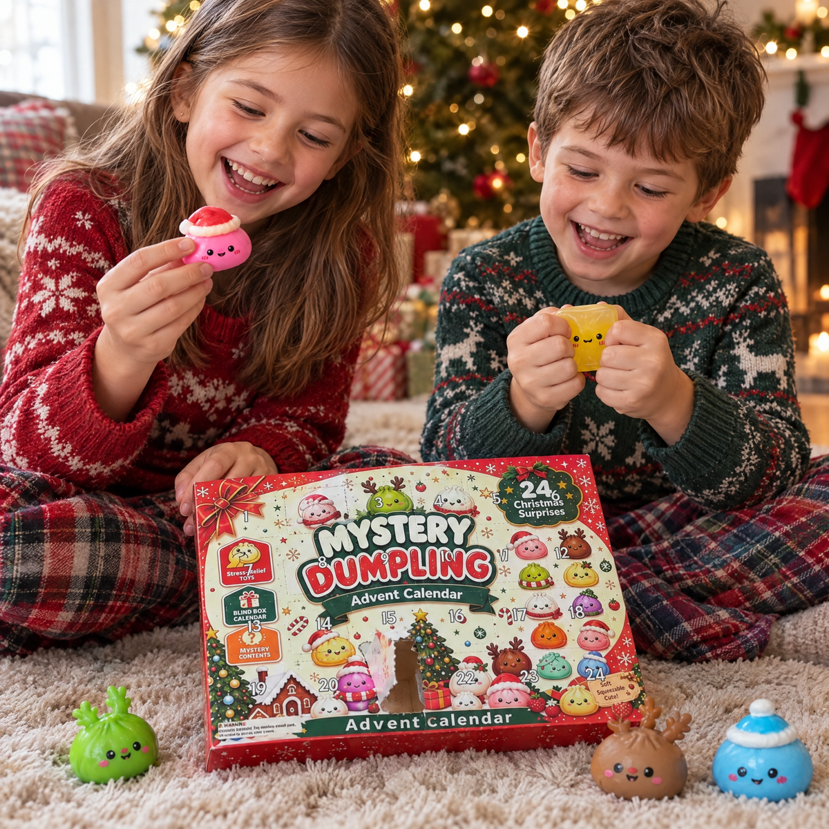 Kids opening the squishy advent calendar on Christmas morning