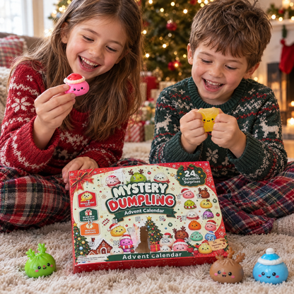 Kids opening the squishy advent calendar on Christmas morning