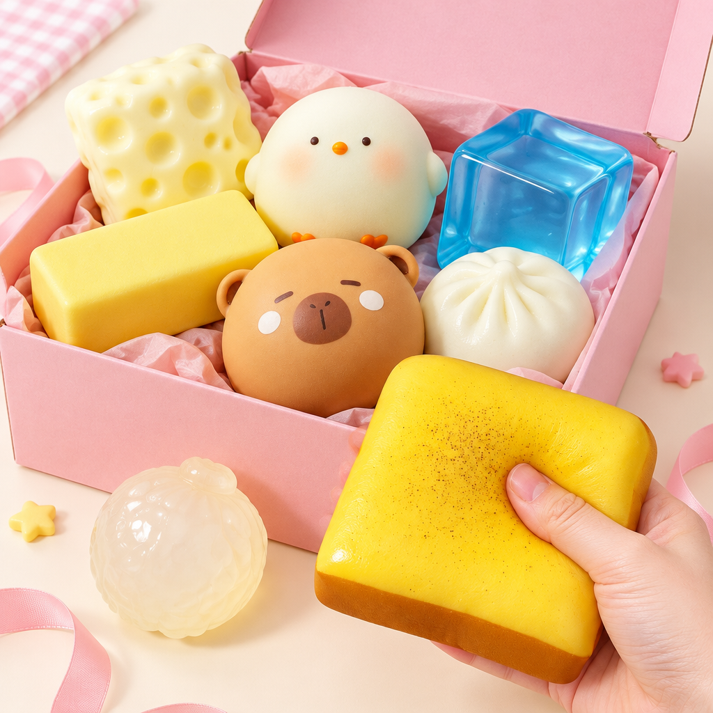 Hand squeezing a toast squishy from the mystery pack
