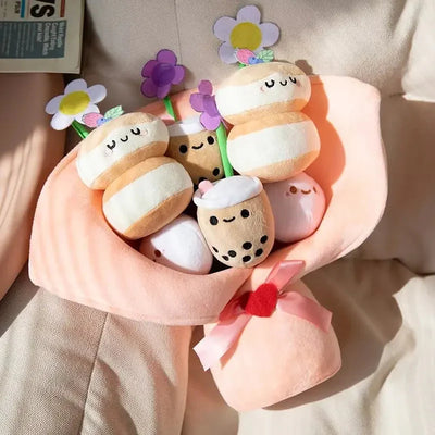 Entzückendes Boba Bubble Tea Plüschtier mit bezauberndem Blumenstrauß-Design