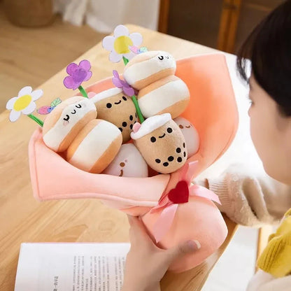 Delightful Boba Bubble Tea Plushie with a Charming Flower Bouquet Design