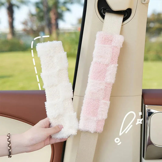 Cozy Fluffy Checkered Plush Car Seat Belt Cover for Ultimate Comfort
