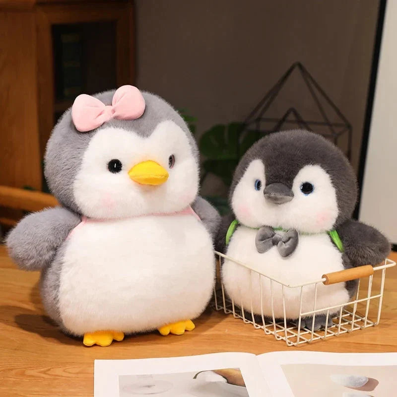Adorable Fluffy Gray Penguin Plush Toy with a Cute Turtle Backpack