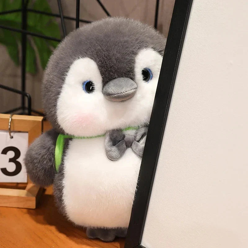 Adorable Fluffy Gray Penguin Plush Toy with a Cute Turtle Backpack