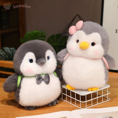 Adorable Fluffy Gray Penguin Plush Toy with a Cute Turtle Backpack