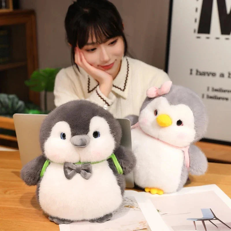 Adorable Fluffy Gray Penguin Plush Toy with a Cute Turtle Backpack