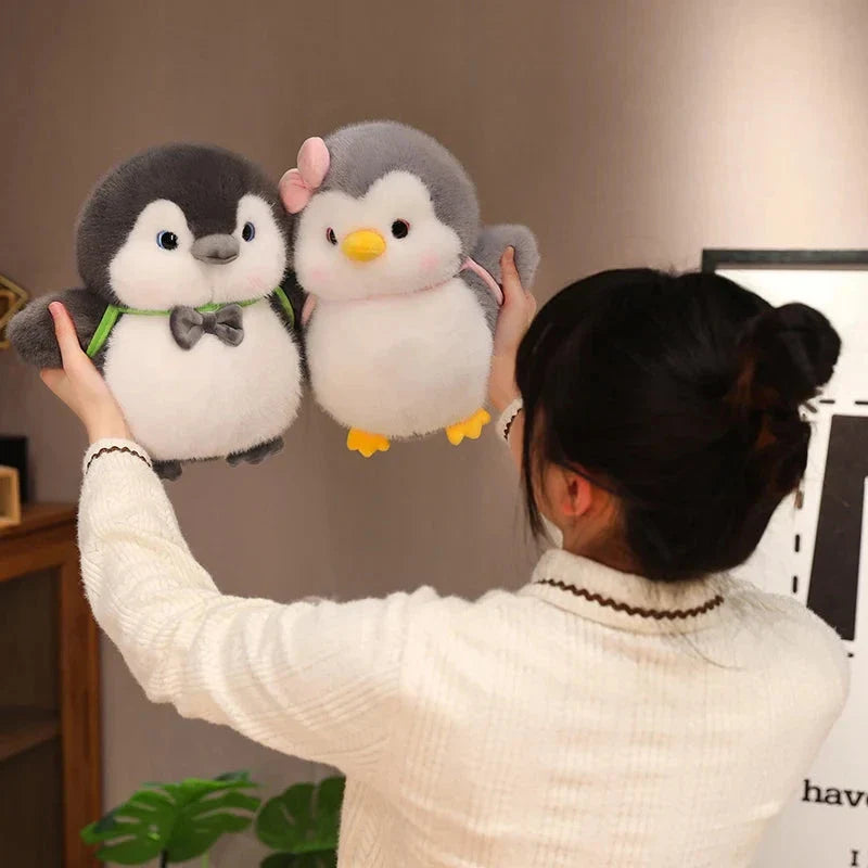 Adorable Fluffy Gray Penguin Plush Toy with a Cute Turtle Backpack