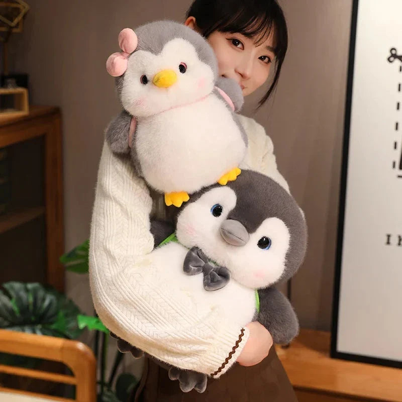 Adorable Fluffy Gray Penguin Plush Toy with a Cute Turtle Backpack