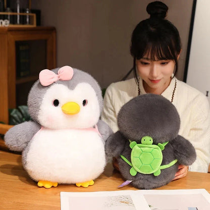 Adorable Fluffy Gray Penguin Plush Toy with a Cute Turtle Backpack
