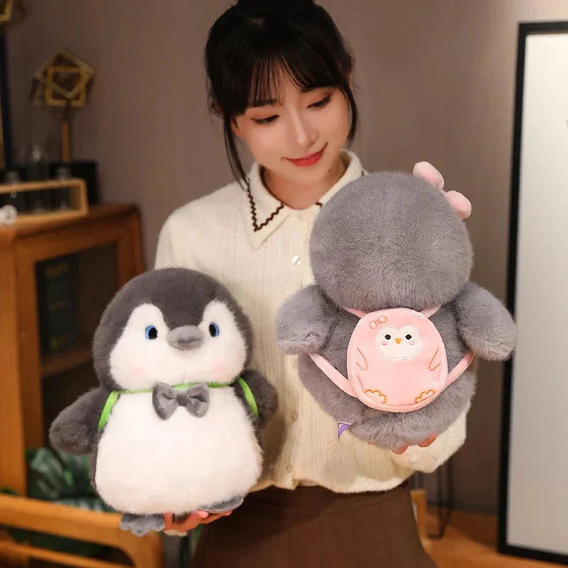 Adorable Fluffy Gray Penguin Plush Toy with a Cute Turtle Backpack