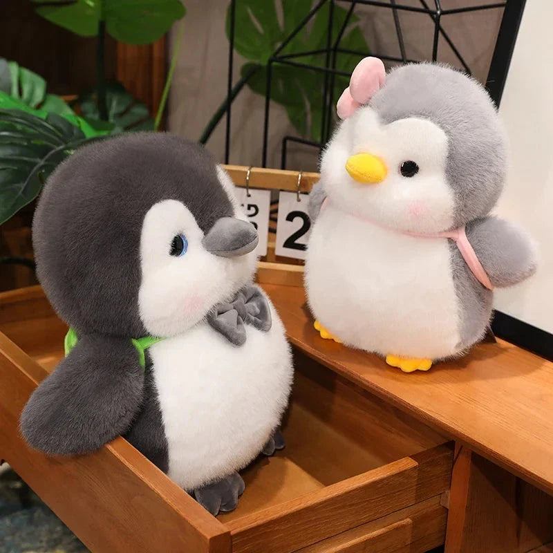 Adorable Fluffy Gray Penguin Plush Toy with a Cute Turtle Backpack