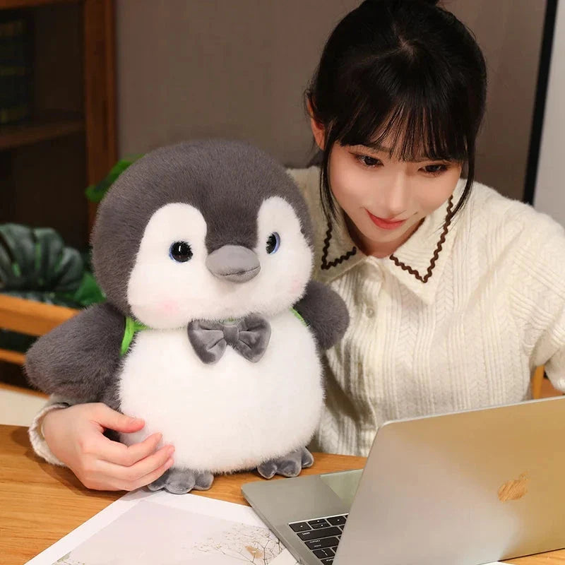Adorable Fluffy Gray Penguin Plush Toy with a Cute Turtle Backpack
