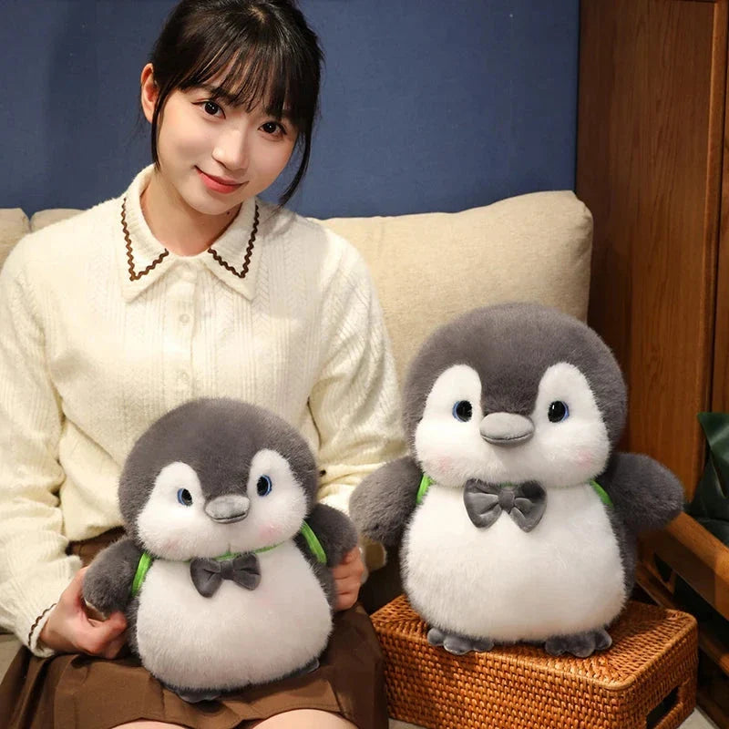 Adorable Fluffy Gray Penguin Plush Toy with a Cute Turtle Backpack