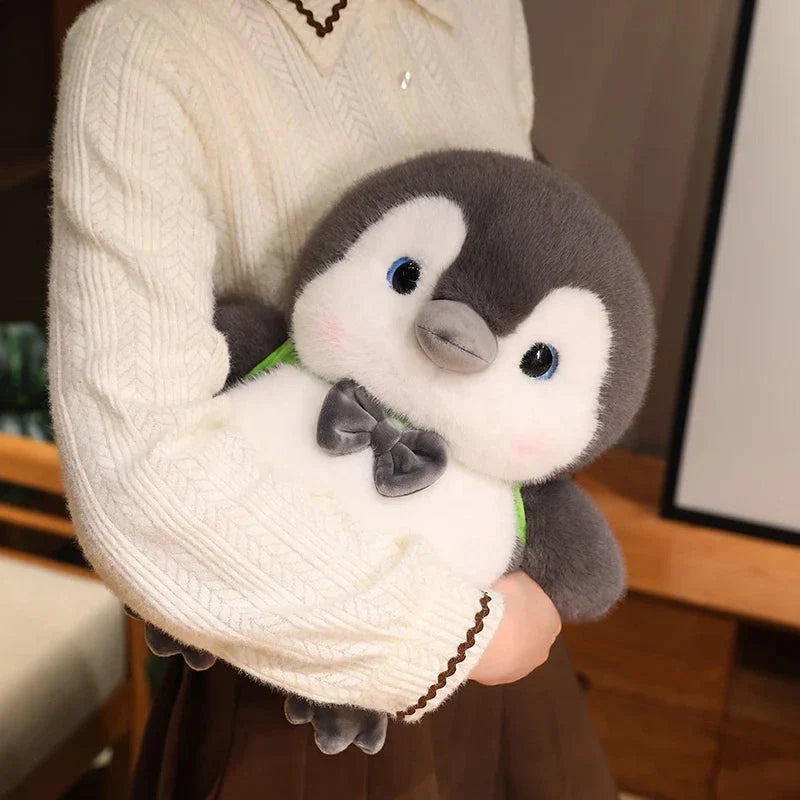 Adorable Fluffy Gray Penguin Plush Toy with a Cute Turtle Backpack