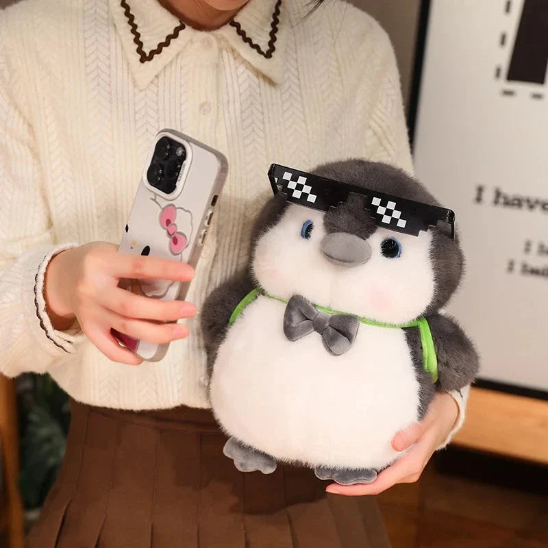 Adorable Fluffy Gray Penguin Plush Toy with a Cute Turtle Backpack