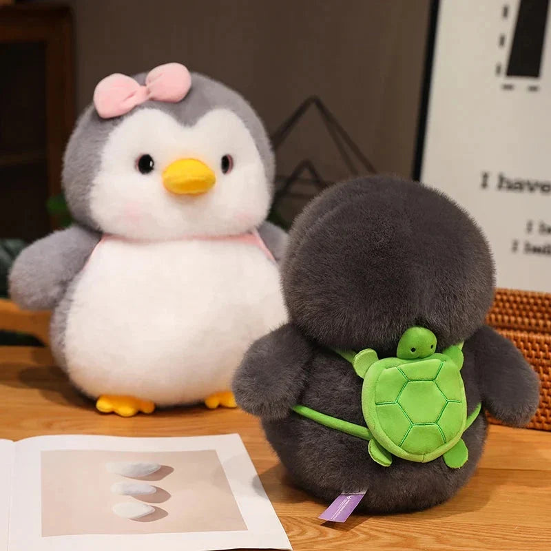 Adorable Fluffy Gray Penguin Plush Toy with a Cute Turtle Backpack