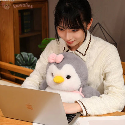 Adorable Fluffy Gray Penguin Plush Toy with a Cute Turtle Backpack
