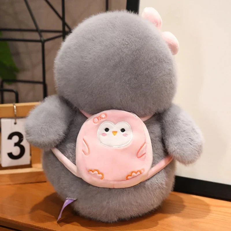 Adorable Fluffy Gray Penguin Plush Toy with a Cute Turtle Backpack